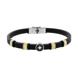 BRACCIALE UOMO IN CAUCCIU PVC NERO CON ACCESSORI DENTELLATI COLORE ORO CON ROSA DEI VENTI CENTRALE IN ACCIAIO