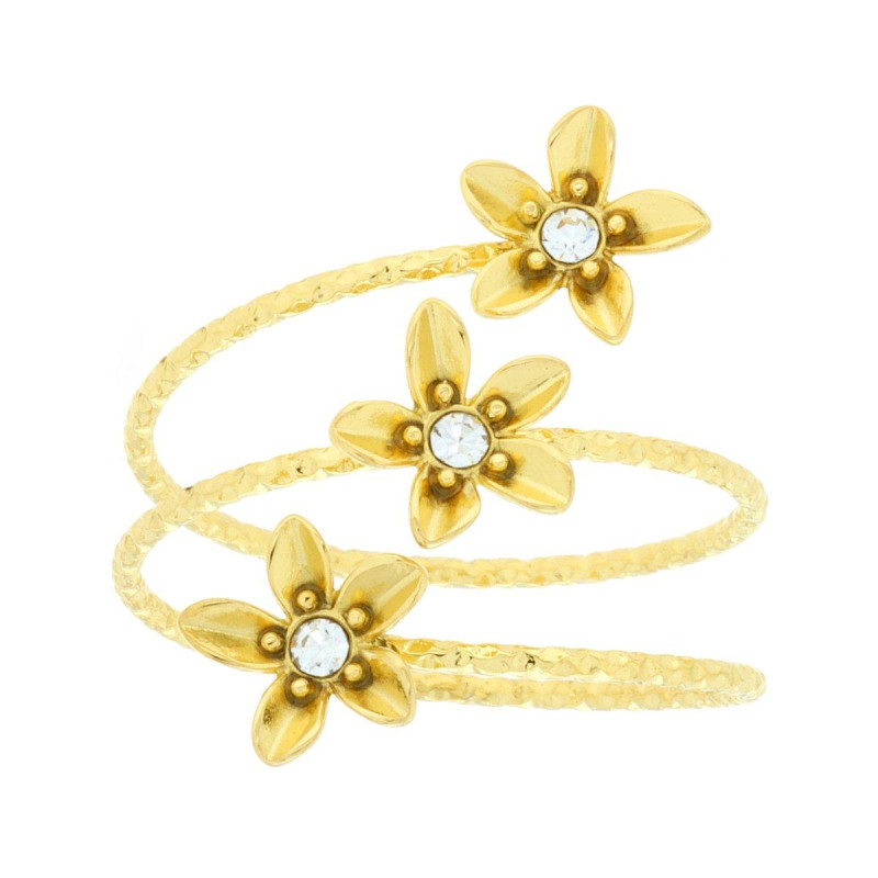 ANELLO MULTIFILO DIAMANTATO CON FIORI E CRYSTAL BIANCHI IN ACCIAIO COLORE ORO