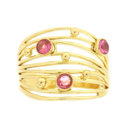 ANELLO FASCIA MULTIFILO CON CRYSTAL ROSA IN ACCIAIO COLORE ORO