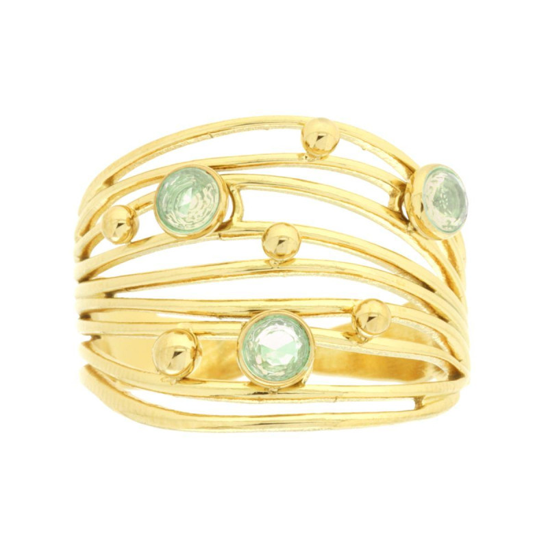 ANELLO FASCIA MULTIFILO CON CRYSTAL VERDE IN ACCIAIO COLORE ORO