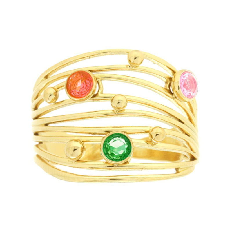 ANELLO FASCIA MULTIFILO CON CRYSTAL MULTICOLOR IN ACCIAIO COLORE ORO