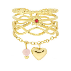 ANELLO FASCIA MULTIFILO CON CRYSTAL ROSSO E CATENA CON CUORE BOMBATO PENDENTE IN ACCIAIO COLORE ORO
