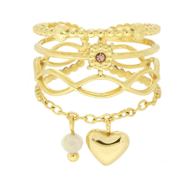 ANELLO FASCIA MULTIFILO CON CRYSTAL CHAMPAGNE E CATENA CON CUORE BOMBATO PENDENTE IN ACCIAIO COLORE ORO