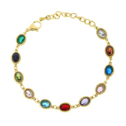 BRACCIALE CON CATENA DI OVALI E CRYSTAL MULTICOLOR IN ACCIAIO COLORE ORO