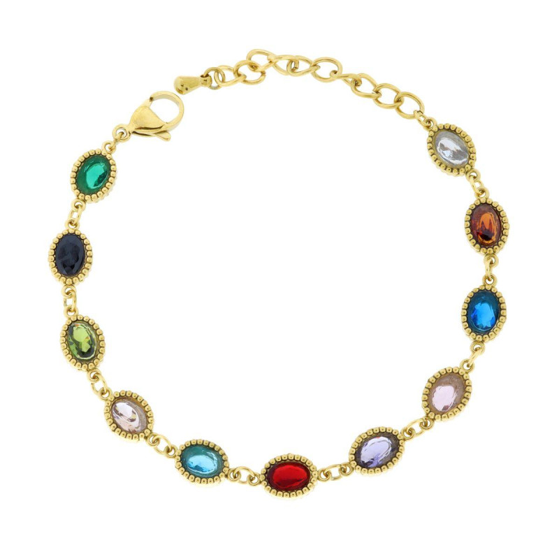 BRACCIALE CON CATENA DI OVALI E CRYSTAL MULTICOLOR IN ACCIAIO COLORE ORO