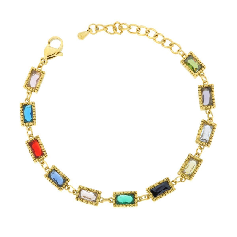 BRACCIALE CON CATENA DI RETTANGOLI E CRYSTAL MULTICOLOR IN ACCIAIO COLORE ORO
