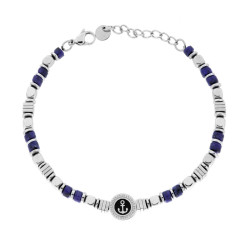 BRACCIALE CATENA CON CUBETTI ALTERNATI A PIETRE CILINDRICHE COLORE BLU LAPISLAZZULI E TONDO CON ANCORA CENTRALE IN ACCIAIO