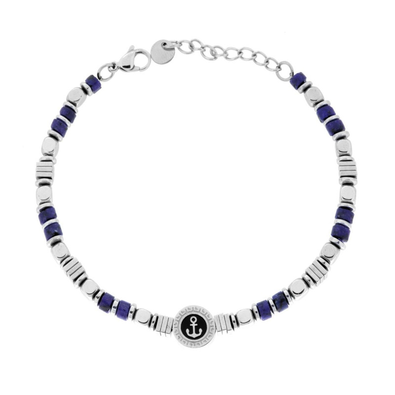 BRACCIALE CATENA CON CUBETTI ALTERNATI A PIETRE CILINDRICHE COLORE BLU LAPISLAZZULI E TONDO CON ANCORA CENTRALE IN ACCIAIO