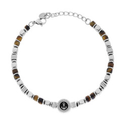 BRACCIALE CATENA CON CUBETTI ALTERNATI A PIETRE CILINDRICHE COLORE OCCHIO DI TIGRE E TONDO CON ANCORA CENTRALE IN ACCIAIO