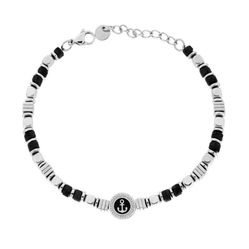 BRACCIALE CATENA CON CUBETTI ALTERNATI A PIETRE CILINDRICHE COLORE NERO E TONDO CON ANCORA CENTRALE IN ACCIAIO