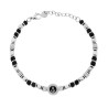 BRACCIALE CATENA CON CUBETTI ALTERNATI A PIETRE CILINDRICHE COLORE NERO E TONDO CON ANCORA CENTRALE IN ACCIAIO