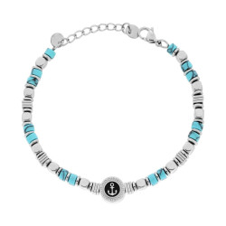 BRACCIALE CATENA CON CUBETTI ALTERNATI A PIETRE CILINDRICHE COLORE TURCHESE E TONDO CON ANCORA CENTRALE IN ACCIAIO