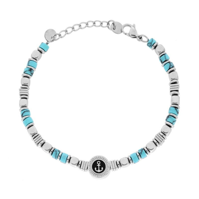 BRACCIALE CATENA CON CUBETTI ALTERNATI A PIETRE CILINDRICHE COLORE TURCHESE E TONDO CON ANCORA CENTRALE IN ACCIAIO