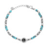 BRACCIALE CATENA CON CUBETTI ALTERNATI A PIETRE CILINDRICHE COLORE TURCHESE E TONDO CON ANCORA CENTRALE IN ACCIAIO