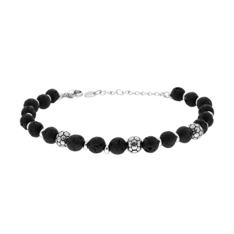 BRACCIALE CATENA CON PIETRA LAVICA NERA E PALLONI DA CALCIO IN ACCIAIO