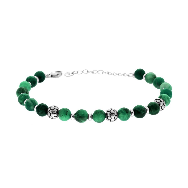 BRACCIALE CATENA CON PIETRE COLORE VERDE MALACHITE E PALLONI DA CALCIO IN ACCIAIO