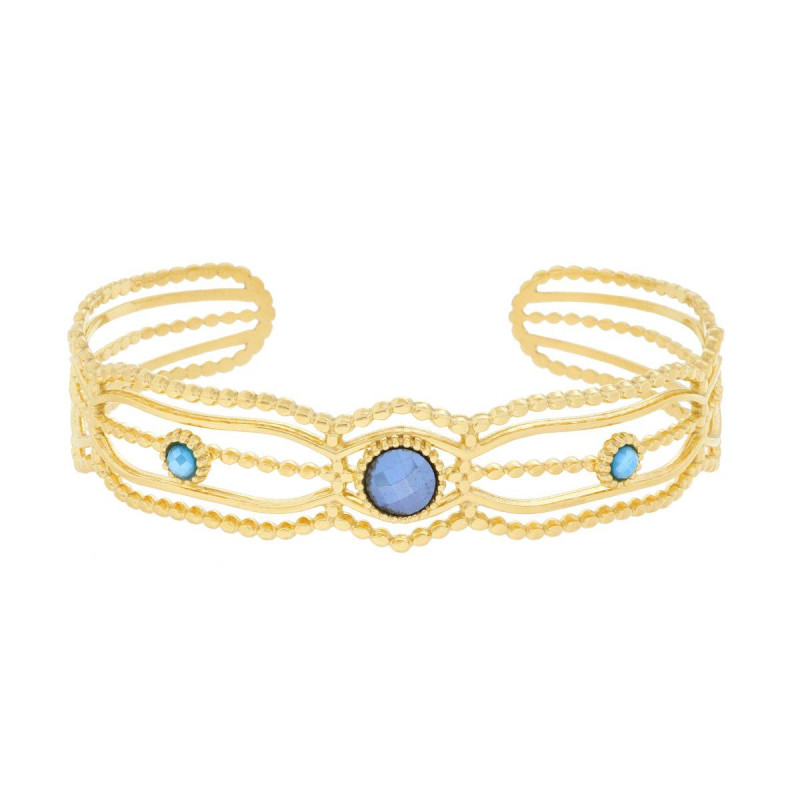 BRACCIALE RIGIDO MODELLO SCHIAVA MULTIFILO CON CRYSTAL BLU IN ACCIAIO COLORE ORO