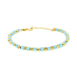 BRACCIALE CATENA CON CILINDRETTI DIAMANTATI E PIETRE PERLATE COLORE AZZURRO IN ACCIAIO COLORE ORO