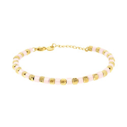 BRACCIALE CATENA CON CILINDRETTI DIAMANTATI E PIETRE PERLATE COLORE ROSA IN ACCIAIO COLORE ORO