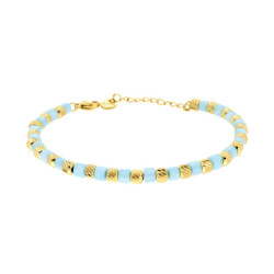 BRACCIALE CATENA CON CILINDRETTI DIAMANTATI E PIETRE PERLATE COLORE TURCHESE IN ACCIAIO COLORE ORO