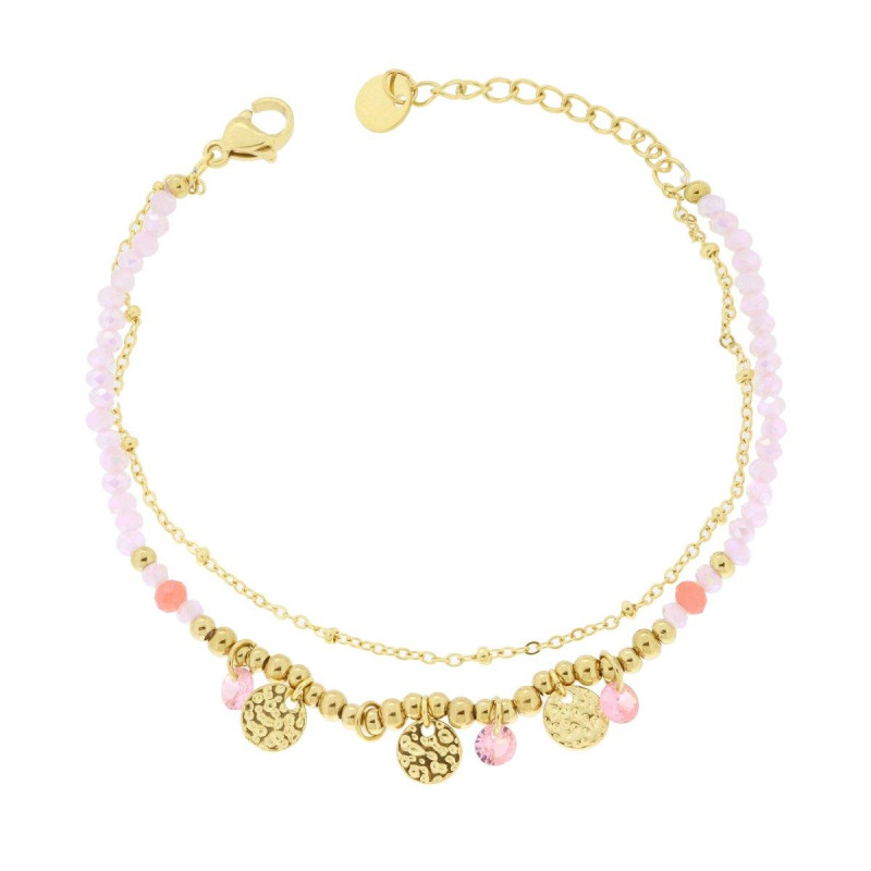BRACCIALE DUE FILI CATENA CON PALLINE CRYSTAL ROSA E TONDI MARTELLATI IN ACCIAIO COLORE ORO