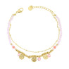 BRACCIALE DUE FILI CATENA CON PALLINE CRYSTAL ROSA E TONDI MARTELLATI IN ACCIAIO COLORE ORO