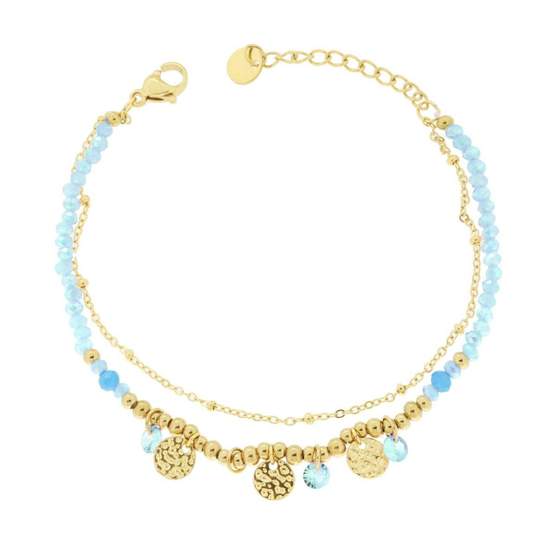 BRACCIALE DUE FILI CATENA CON PALLINE CRYSTAL AZZURRO E TONDI MARTELLATI IN ACCIAIO COLORE ORO