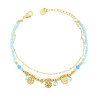 BRACCIALE DUE FILI CATENA CON PALLINE CRYSTAL AZZURRO E TONDI MARTELLATI IN ACCIAIO COLORE ORO