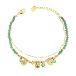 BRACCIALE DUE FILI CATENA CON PALLINE CRYSTAL VERDE E TONDI MARTELLATI IN ACCIAIO COLORE ORO