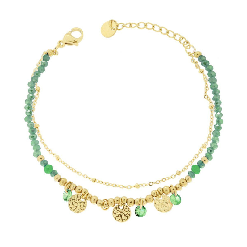 BRACCIALE DUE FILI CATENA CON PALLINE CRYSTAL VERDE E TONDI MARTELLATI IN ACCIAIO COLORE ORO