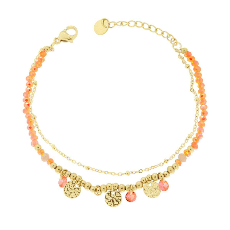 BRACCIALE DUE FILI CATENA CON PALLINE CRYSTAL ARANCIONE E TONDI MARTELLATI IN ACCIAIO COLORE ORO