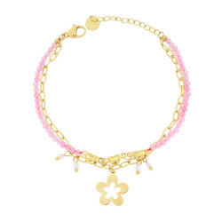BRACCIALE DUE FILI CATENA CON CUORI CRYSTAL ROSA E FIORE PENDENTE IN ACCIAIO COLORE ORO