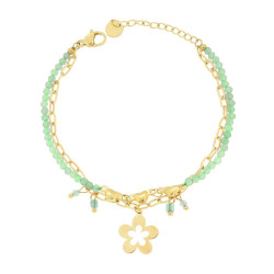 BRACCIALE DUE FILI CATENA CON CUORI CRYSTAL VERDI E FIORE PENDENTE IN ACCIAIO COLORE ORO