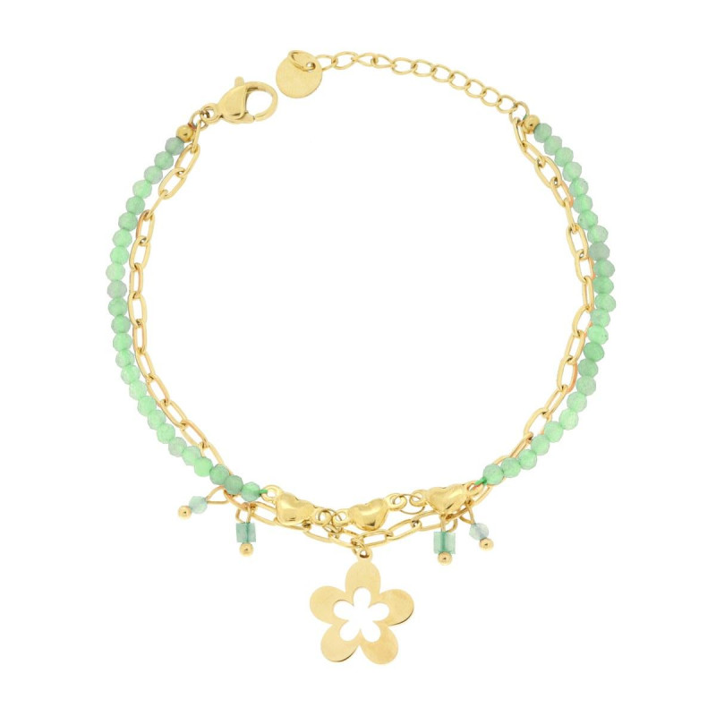 BRACCIALE DUE FILI CATENA CON CUORI CRYSTAL VERDI E FIORE PENDENTE IN ACCIAIO COLORE ORO