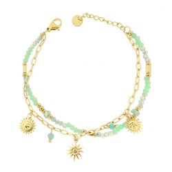BRACCIALE DUE FILI CATENA CON PALLINE CRYSTAL VERDE E SOLE PENDENTI IN ACCIAIO COLORE ORO
