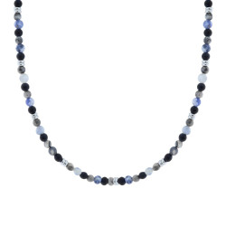 COLLANA CATENA CON PALLINE PIETRA BLU LAPISLAZZULI E NERO IN ACCIAIO