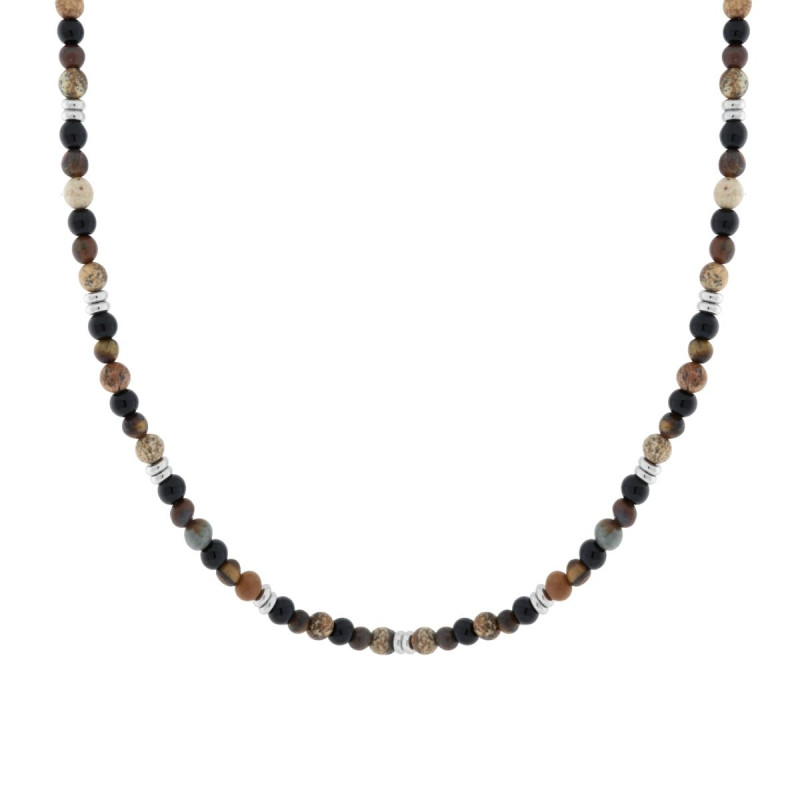 COLLANA CATENA CON PALLINE PIETRA OCCHIO DI TIGRE E NERO IN ACCIAIO