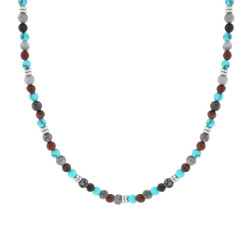 COLLANA CATENA CON PALLINE PIETRA TURCHESE E OCCHIO DI TIGRE IN ACCIAIO