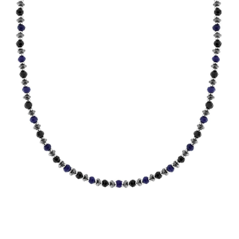 COLLANA CATENA CON CRYSTAL NERI E PIETRE BLU LAPISLAZZULI IN ACCIAIO