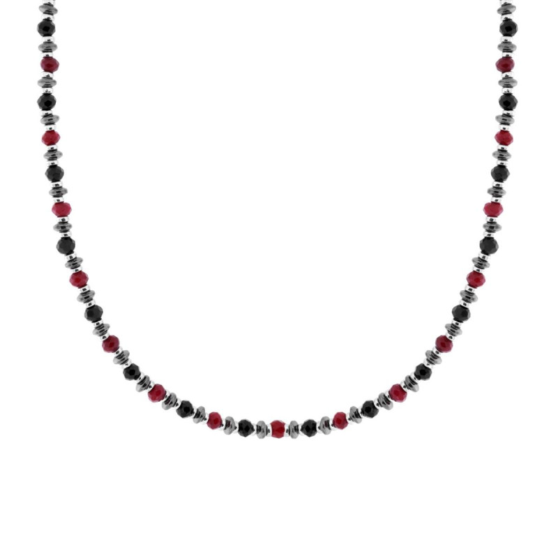 COLLANA CATENA CON CRYSTAL NERI E PIETRE ROSSO CORNIOLA IN ACCIAIO