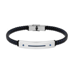 BRACCIALE UOMO IN ECOPELLE INTRECCIATA NERO E BLU CON TARGA CON DETTAGLIO IN BLU IN ACCIAIO