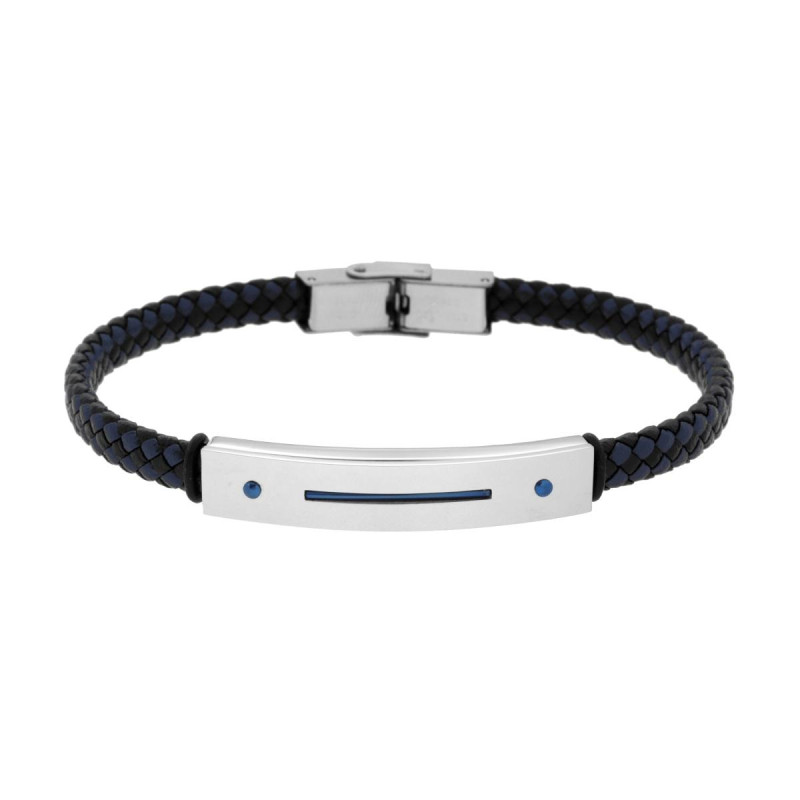 BRACCIALE UOMO IN ECOPELLE INTRECCIATA NERO E BLU CON TARGA CON DETTAGLIO IN BLU IN ACCIAIO