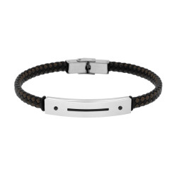 BRACCIALE UOMO IN ECOPELLE INTRECCIATA NERO E MARRONE CON TARGA CON DETTAGLIO IN NERO IN ACCIAIO