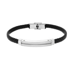 BRACCIALE UOMO IN ECOPELLE INTRECCIATA NERO CON TARGA CON CORDA IN ACCIAIO