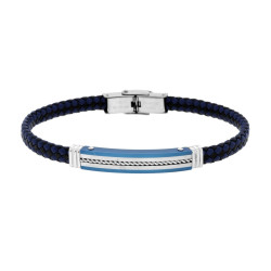 BRACCIALE UOMO IN ECOPELLE INTRECCIATA NERO E BLU CON TARGA COLORE BLU CON CORDA IN ACCIAIO