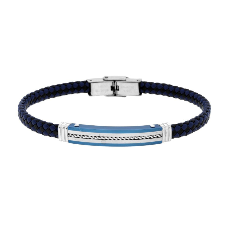 BRACCIALE UOMO IN ECOPELLE INTRECCIATA NERO E BLU CON TARGA COLORE BLU CON CORDA IN ACCIAIO