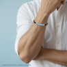 BRACCIALE UOMO IN ECOPELLE INTRECCIATA NERO E BLU CON TARGA COLORE BLU CON CORDA IN ACCIAIO