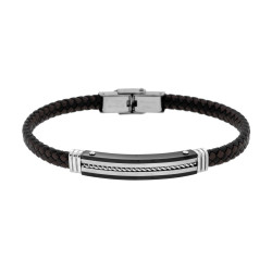 BRACCIALE UOMO IN ECOPELLE INTRECCIATA NERO E MARRONE CON TARGA COLORE NERO CON CORDA IN ACCIAIO