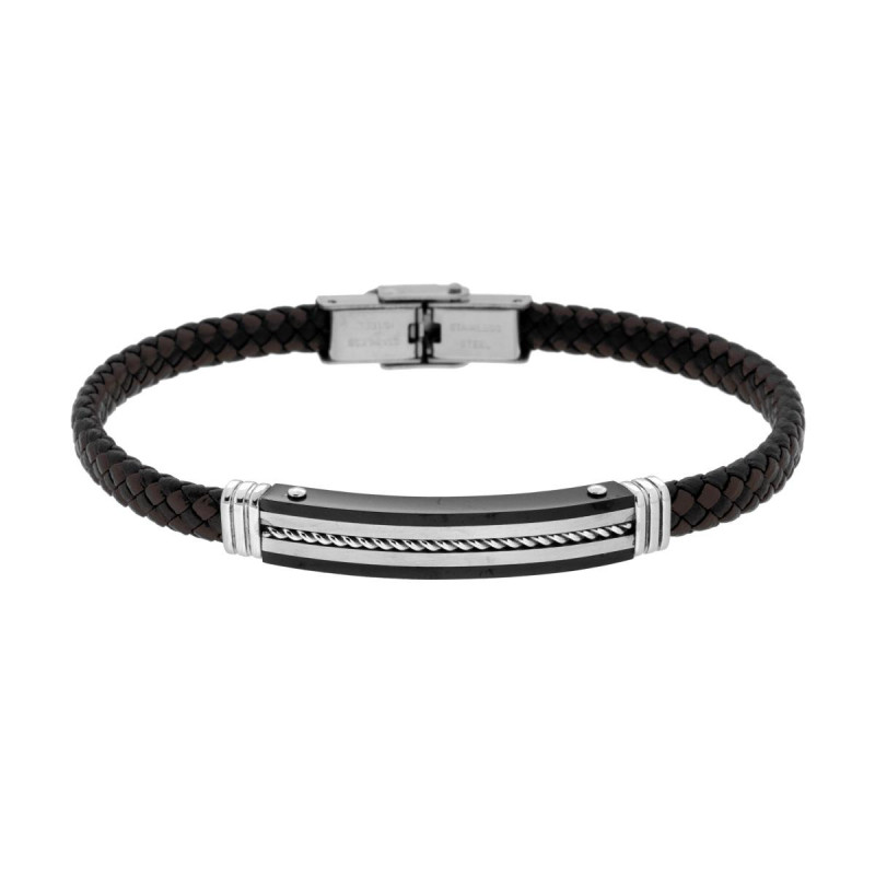 BRACCIALE UOMO IN ECOPELLE INTRECCIATA NERO E MARRONE CON TARGA COLORE NERO CON CORDA IN ACCIAIO