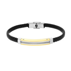 BRACCIALE UOMO IN ECOPELLE INTRECCIATA NERO CON TARGA COLORE ORO CON CORDA IN ACCIAIO